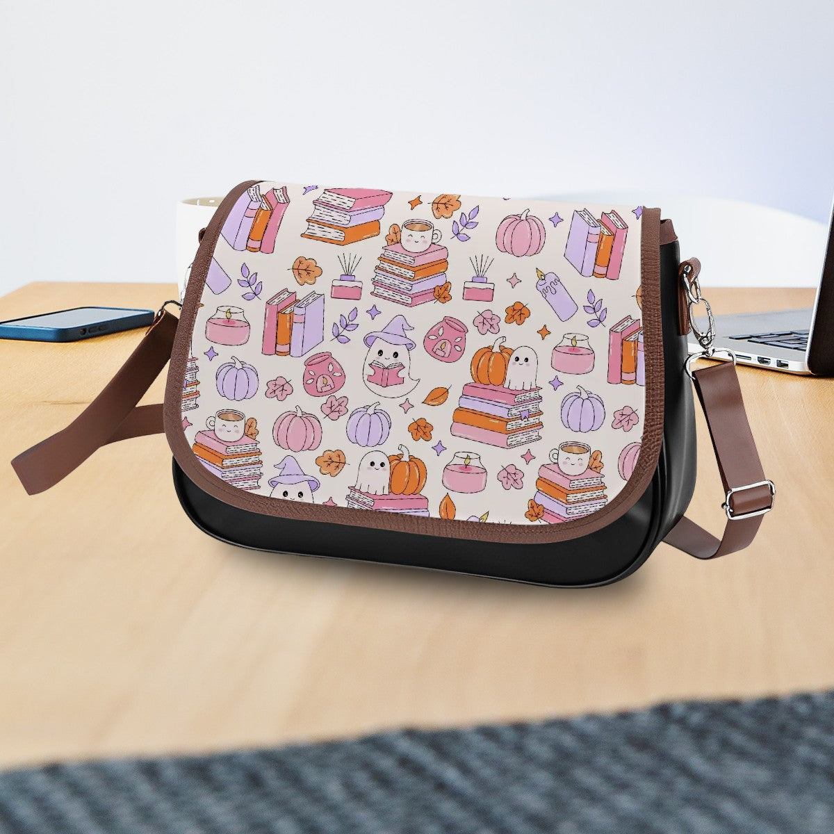 Cute bookish pumpkin ghosts bag satchel style handbag
