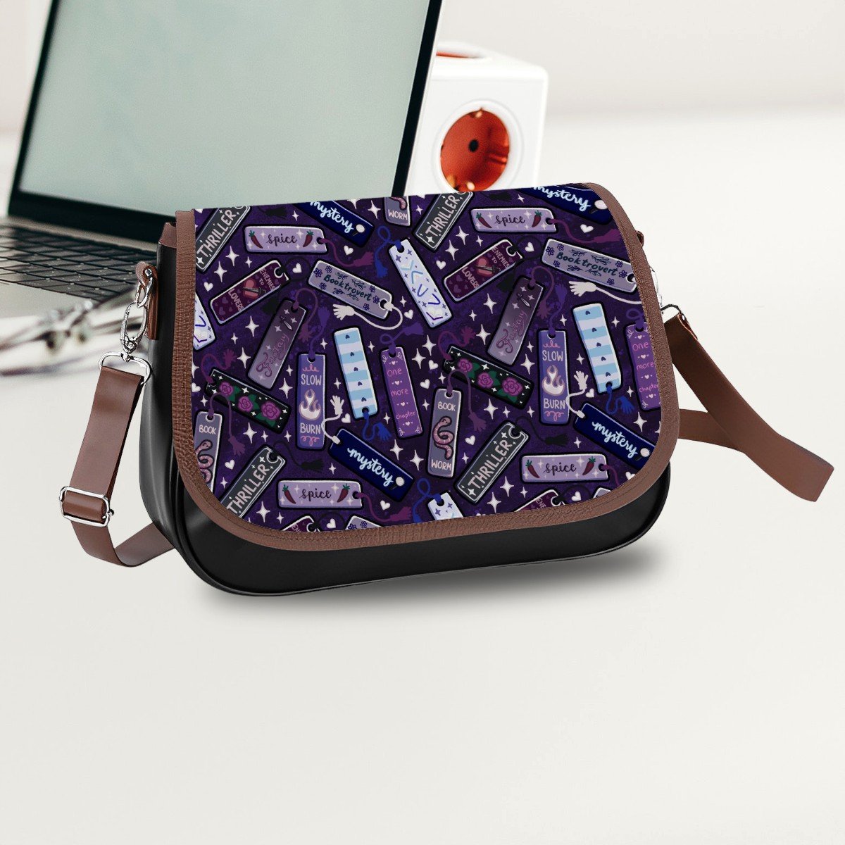 Bookmarks tropes and gentres vegan Leather Shoulder Bag bookish handbag