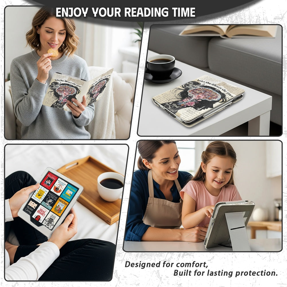 Into the library she goes PU cover for Kindle paperwhite 11th 12th gen vegan leather wallet style case