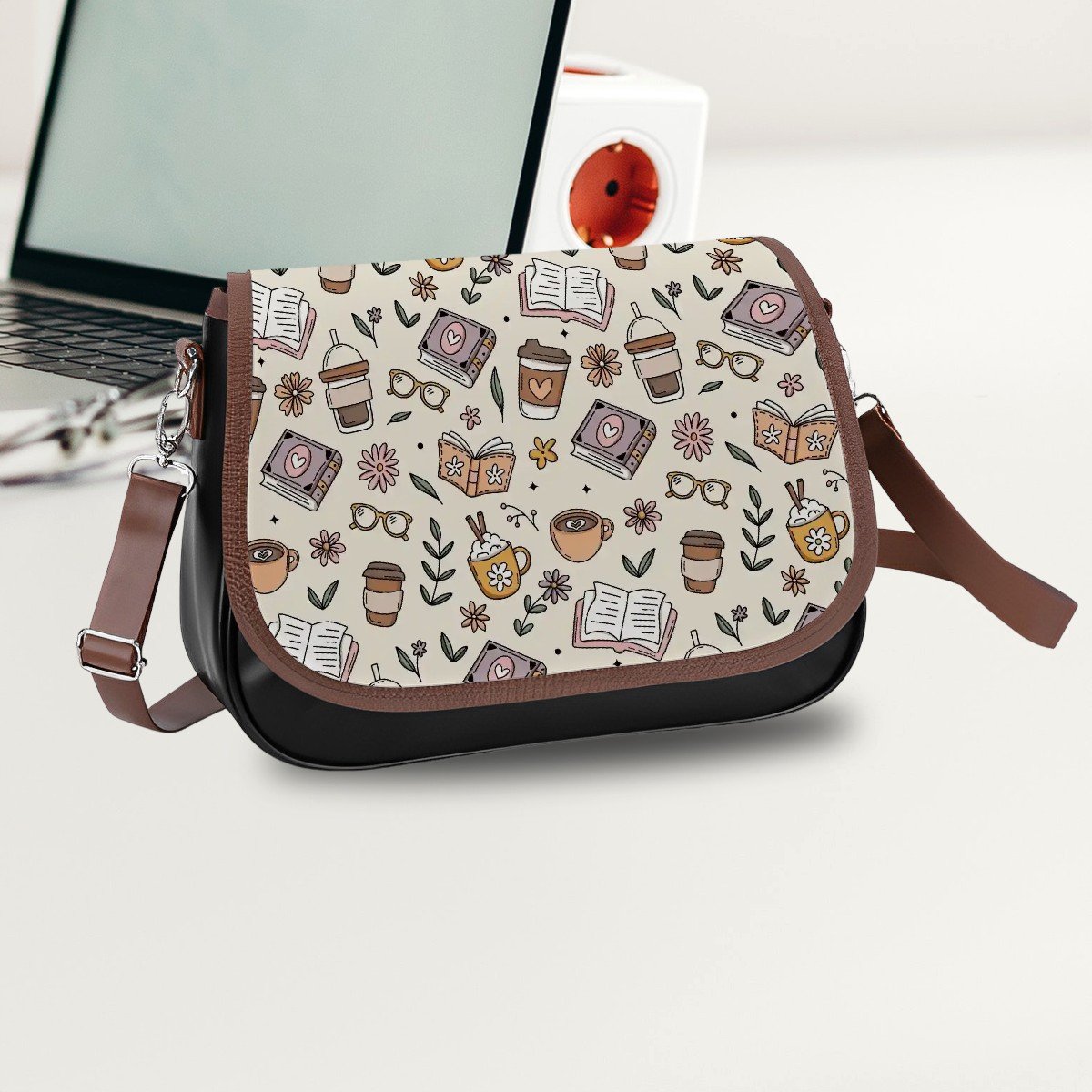 Book coffee and plants bookish vegan Leather Shoulder Bag handbag