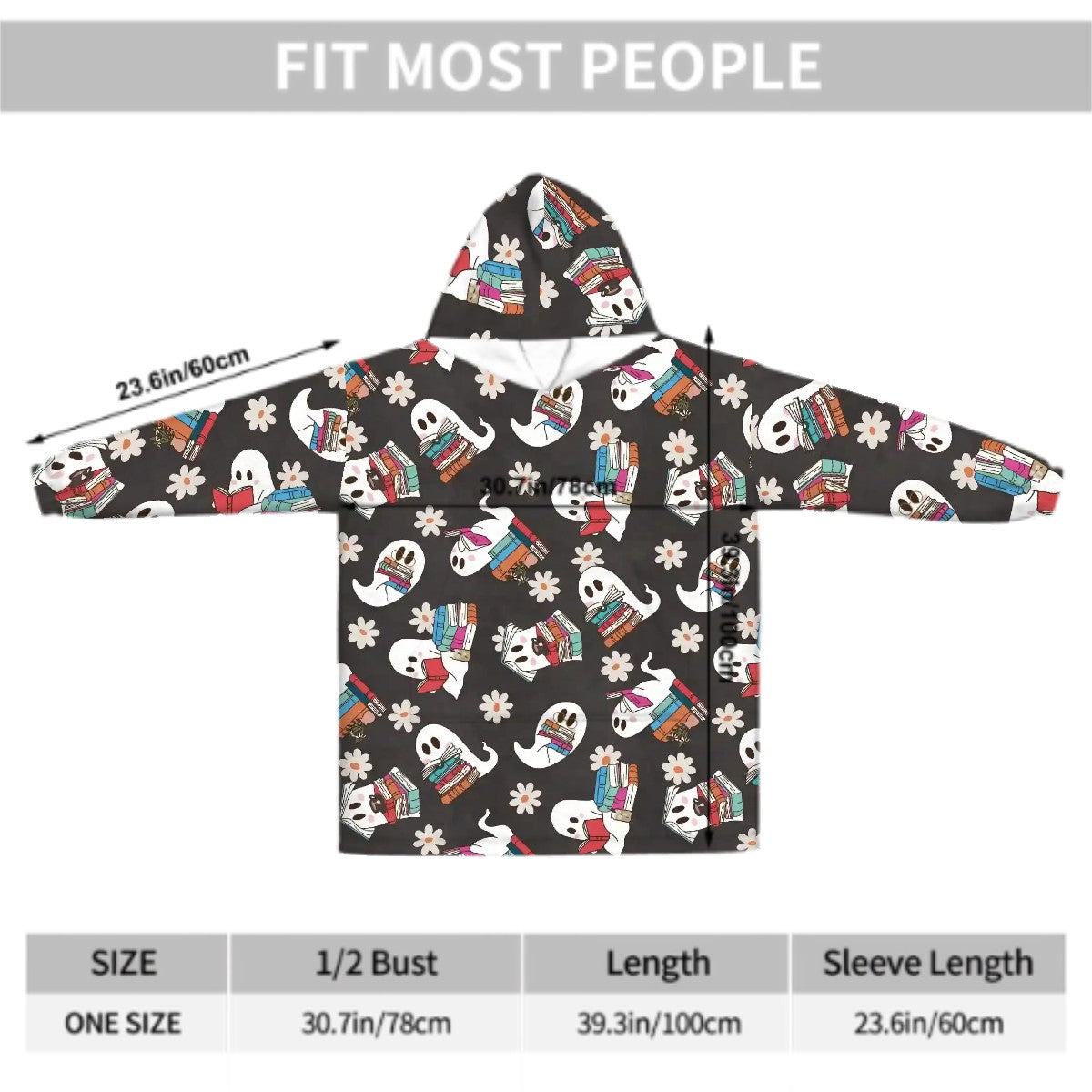 Booooooks bookish ghost Adult Blanket Hoodie **Please read item description**