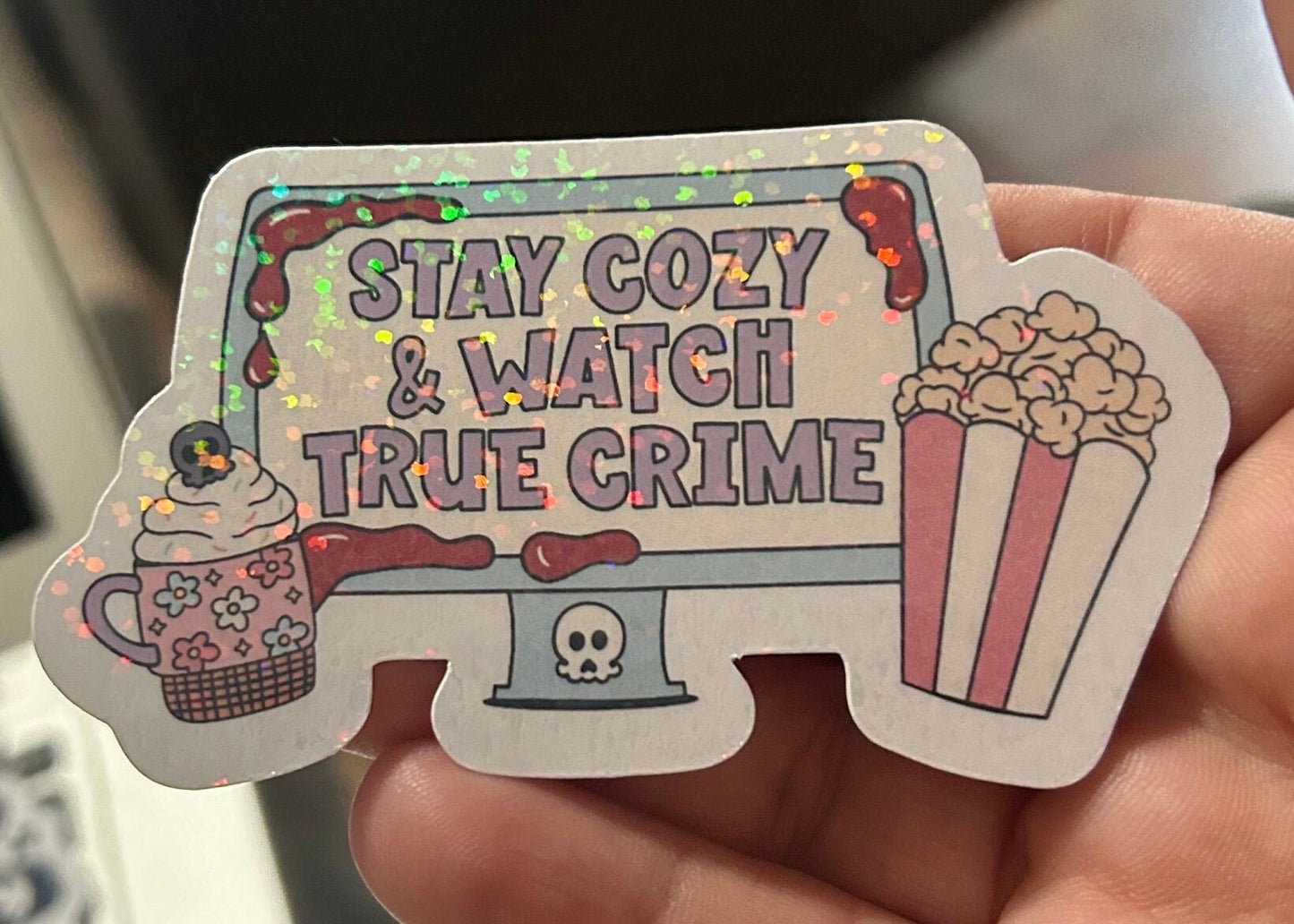 Stay cozy and watch true crime sparkly or glossy sticker bookish book lover reader sticker for kindle, kindle decal decoration,