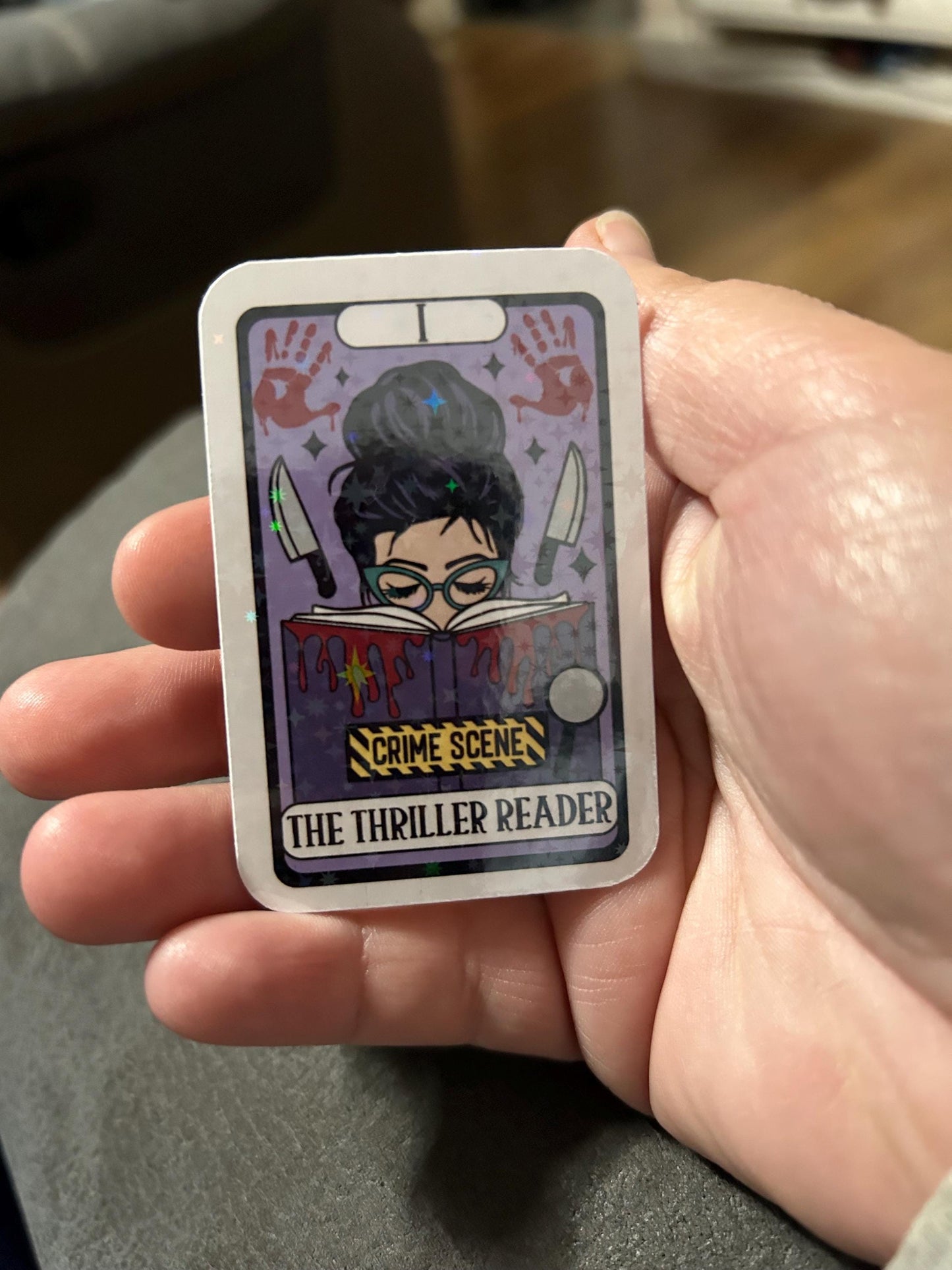 The thriller reader tarot card style sparkle or glossy sticker bookish book lover reader sticker for kindle, kindle decal decoration