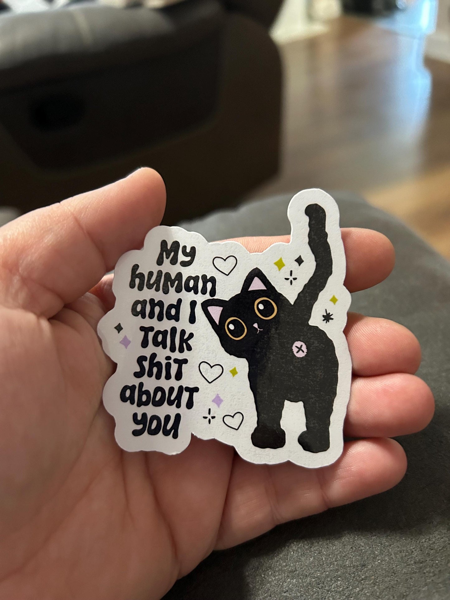 My human and I talk shit about you cat funny sweary motivational glossy sticker bookish book lover reader sticker , kindle decal decoration