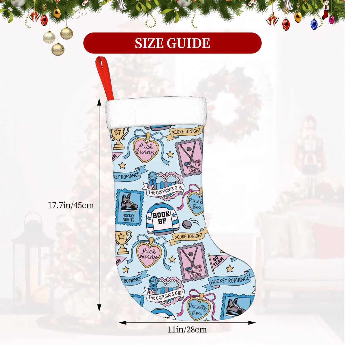 Plush Christmas Stockings Hockey Romance Blue Pattern