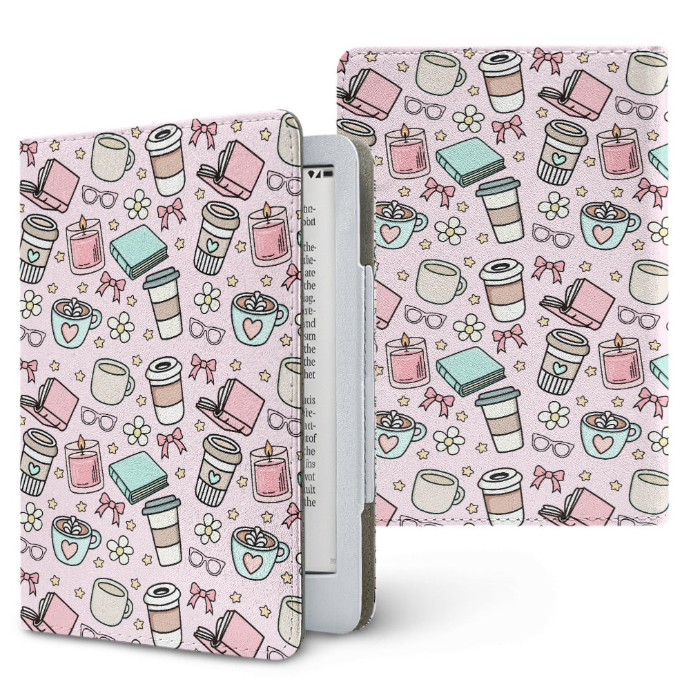 Pink books and coffee bookish PU cover for Kindle
