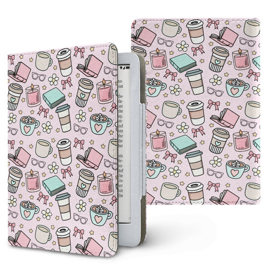 Pink books and coffee bookish PU cover for Kindle
