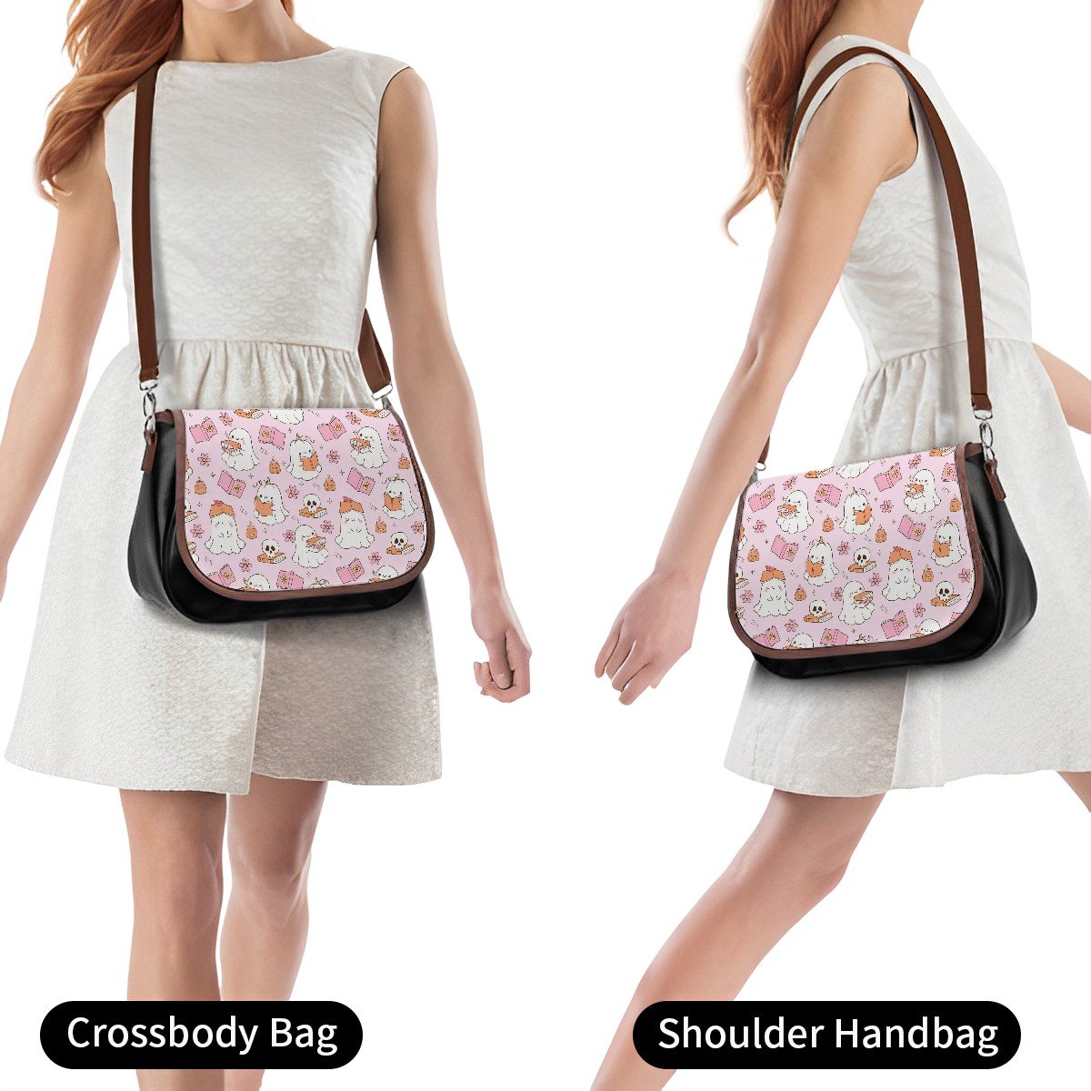 Cute pink reading ghosts vegan Leather Shoulder Bag bookish ghosts handbag