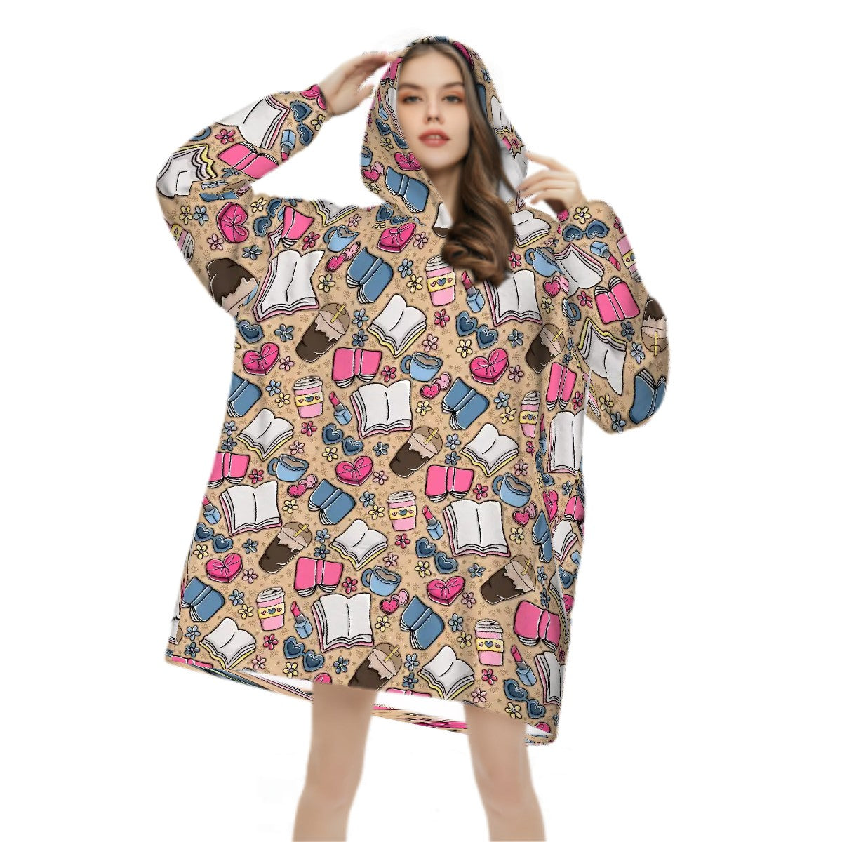 Beige books and coffee bookish hooded blanket