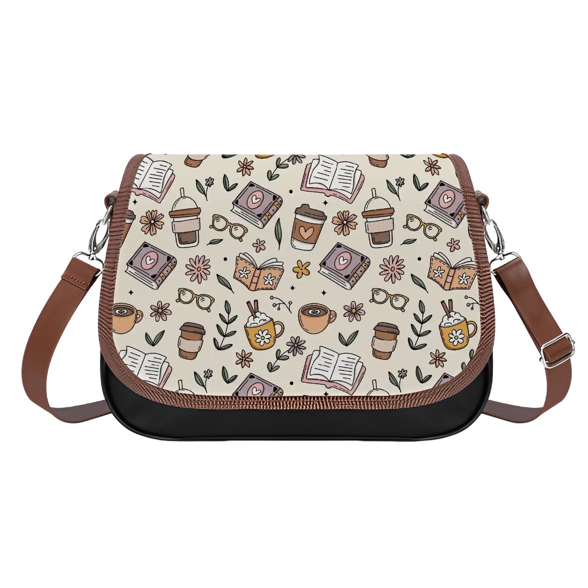 Book coffee and plants bookish vegan Leather Shoulder Bag handbag