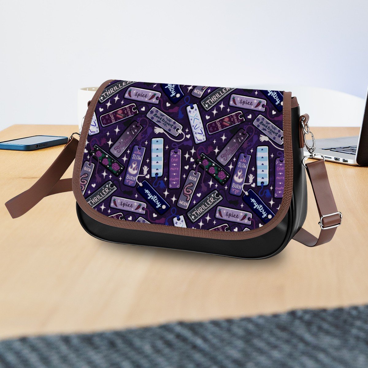 Bookmarks tropes and gentres vegan Leather Shoulder Bag bookish handbag