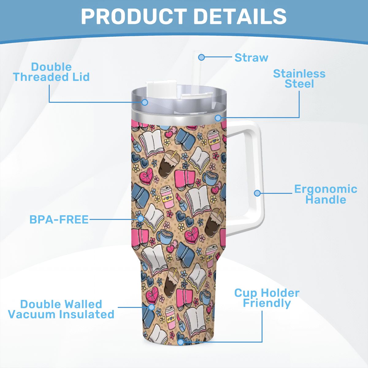 Beige books and coffee bookish 40oz travel mug