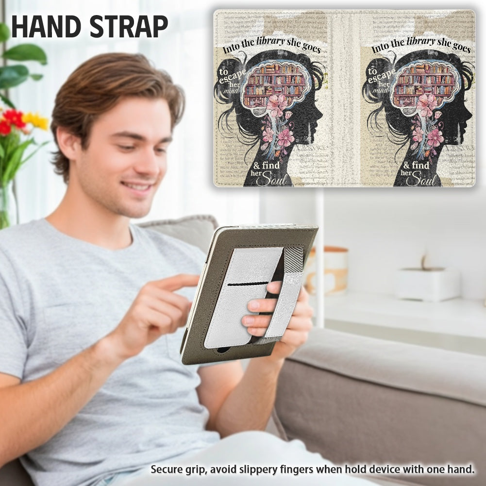 Into the library she goes PU cover for Kindle paperwhite 11th 12th gen vegan leather wallet style case