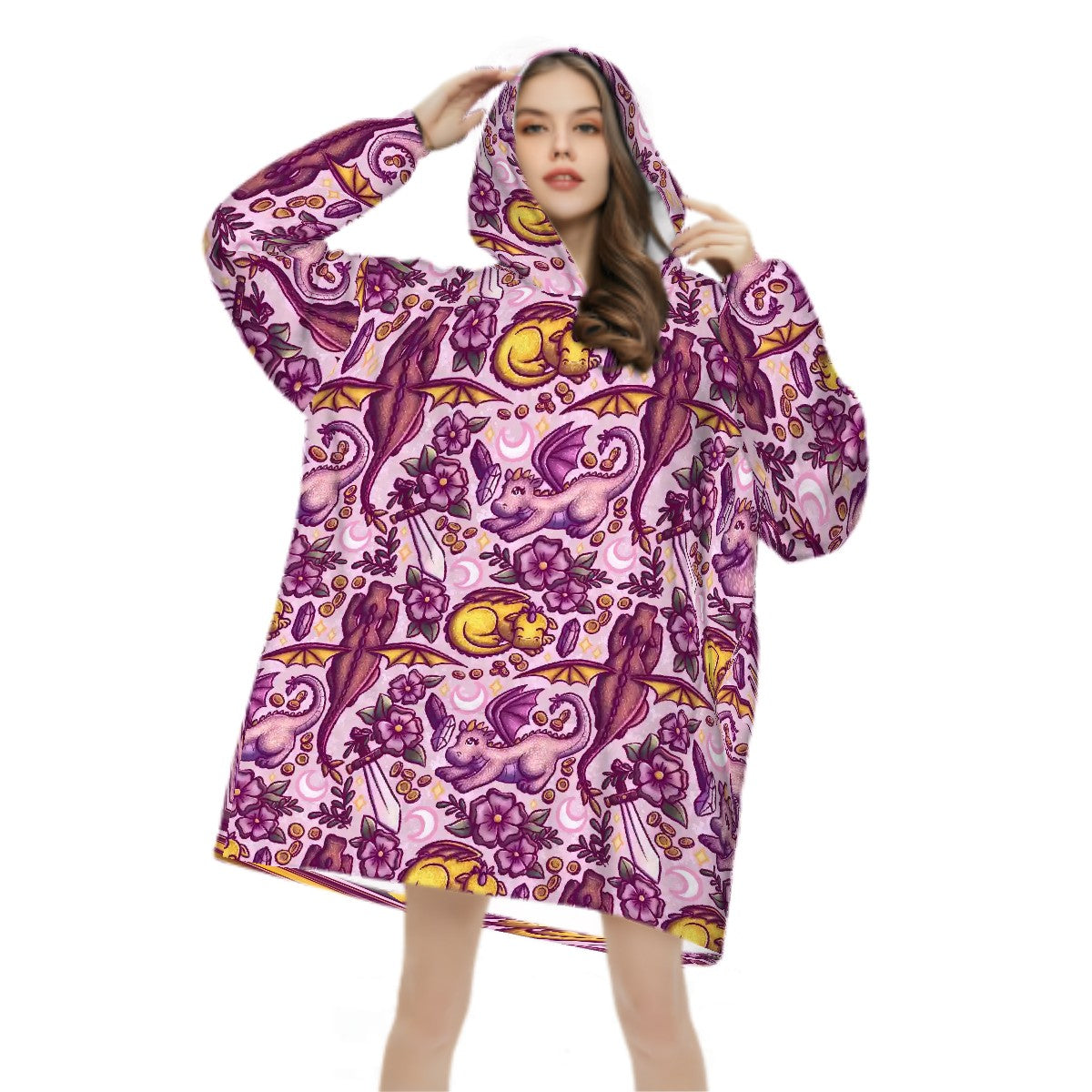 Pink dragons and swords bookish hooded blanket