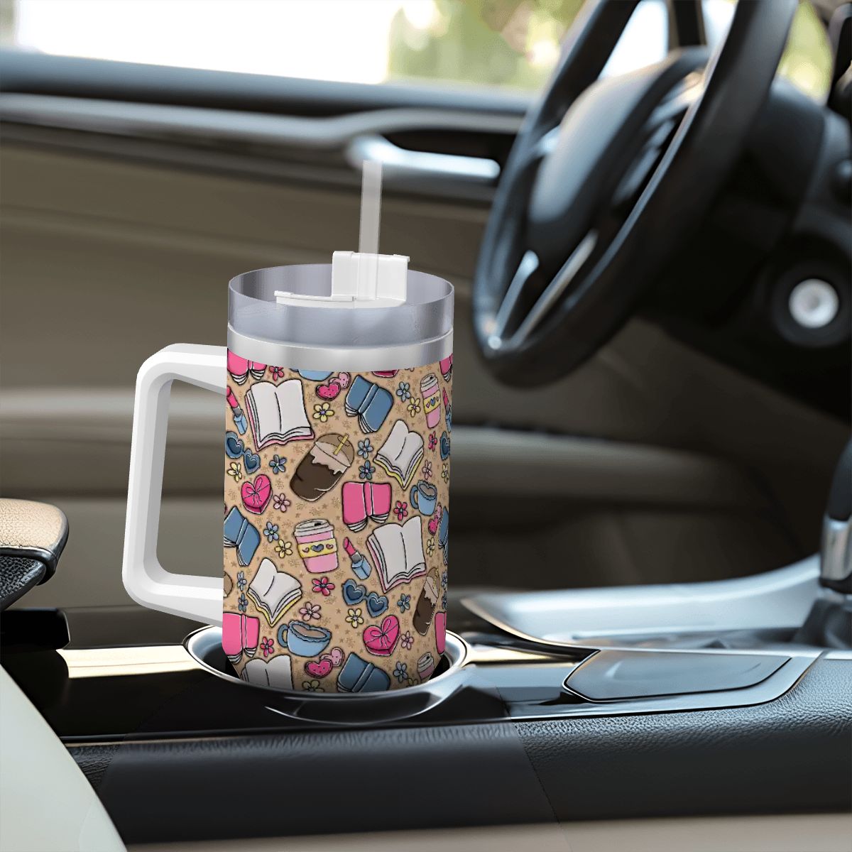 Beige books and coffee bookish 40oz travel mug
