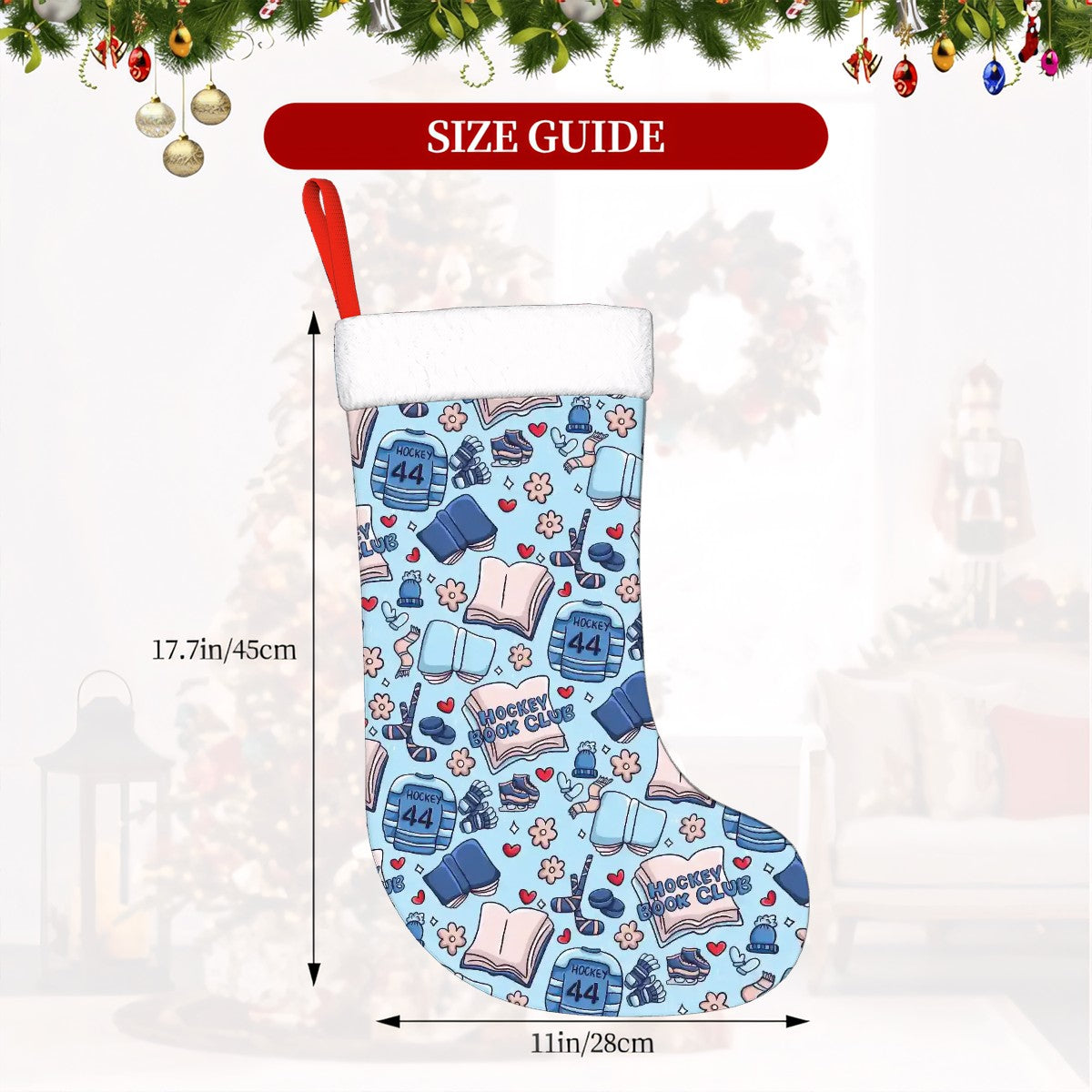 Cartoon hockey romance bookish christmas stocking