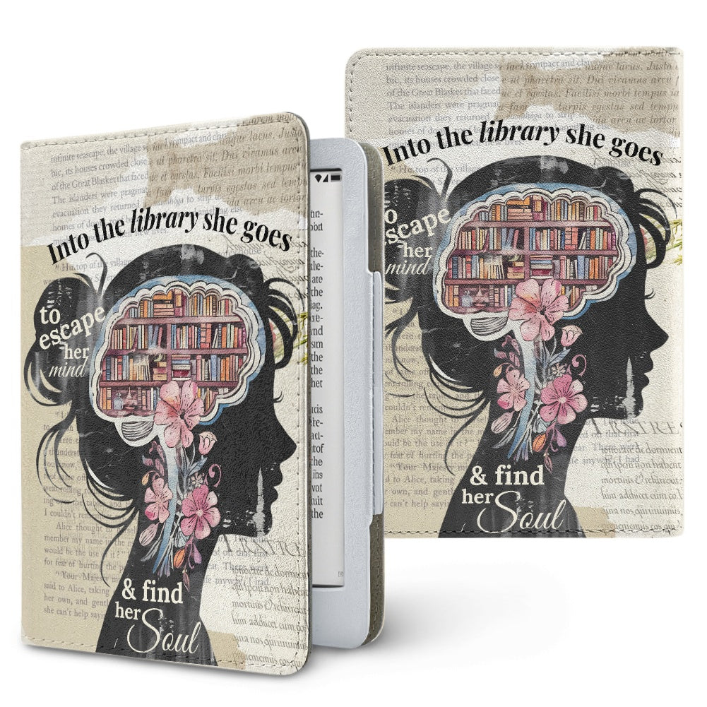 Into the library she goes PU cover for Kindle paperwhite 11th 12th gen vegan leather wallet style case