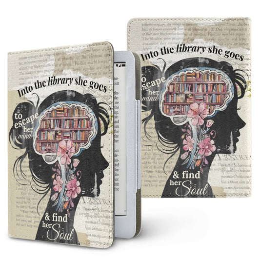 Into the library she goes PU cover for Kindle paperwhite 11th 12th gen vegan leather wallet style case