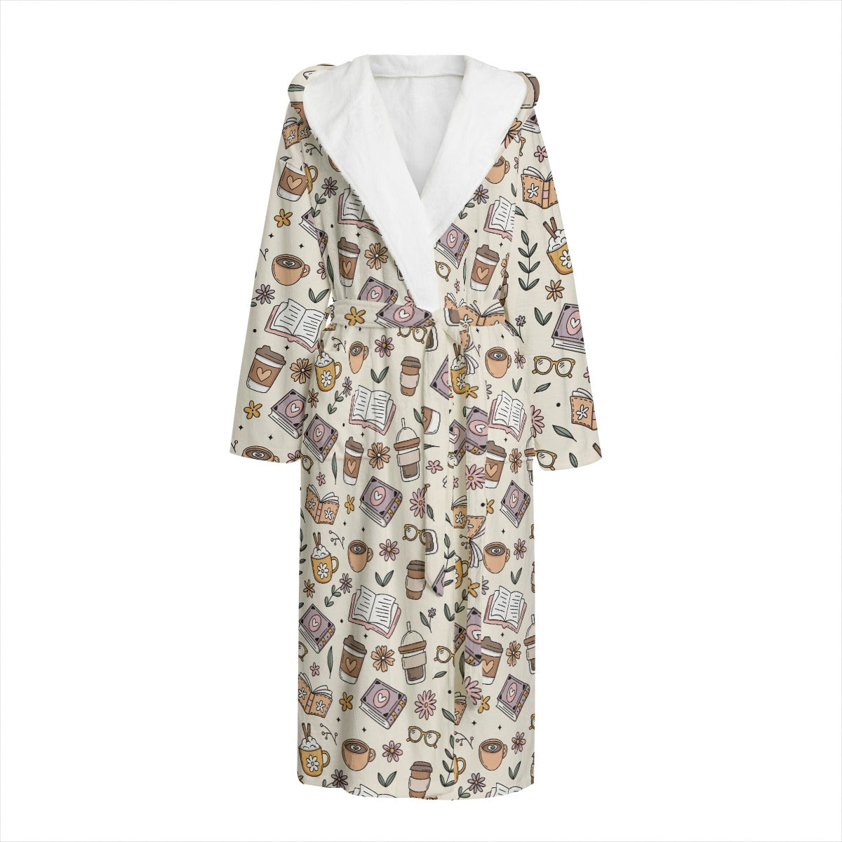 Books and coffee bookish All-Over Print Unisex Flannel Hooded bathrobe dressing gown robe