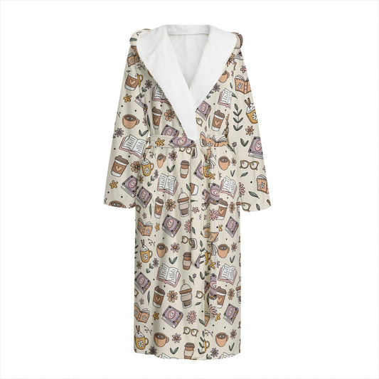 Books and coffee bookish All-Over Print Unisex Flannel Hooded bathrobe dressing gown robe