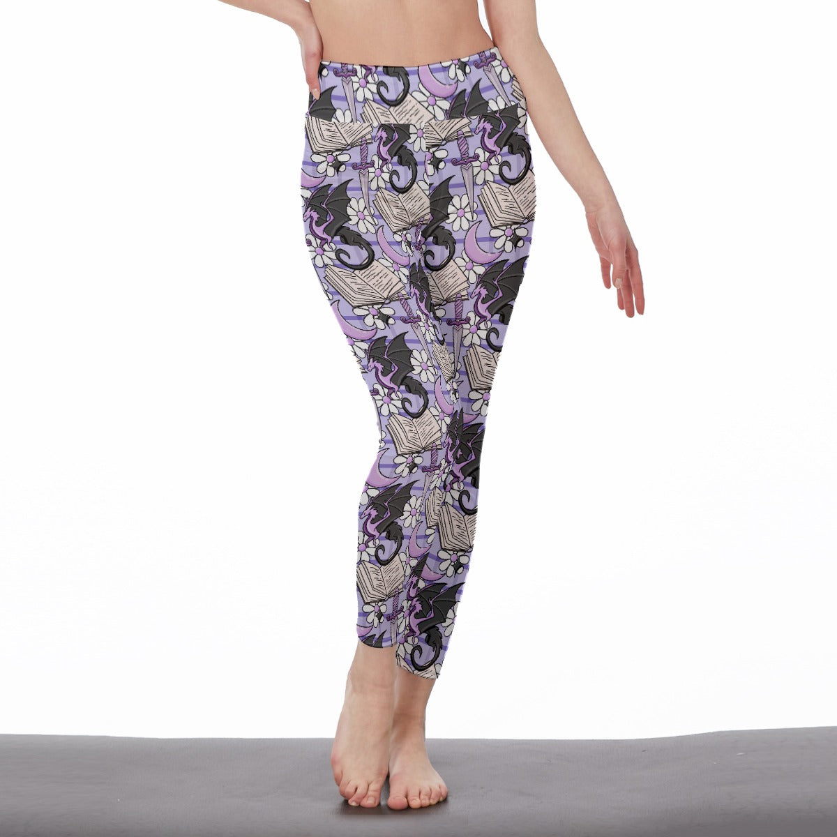 Lilac book dragons bookish All-Over Print Women's High Waist Leggings