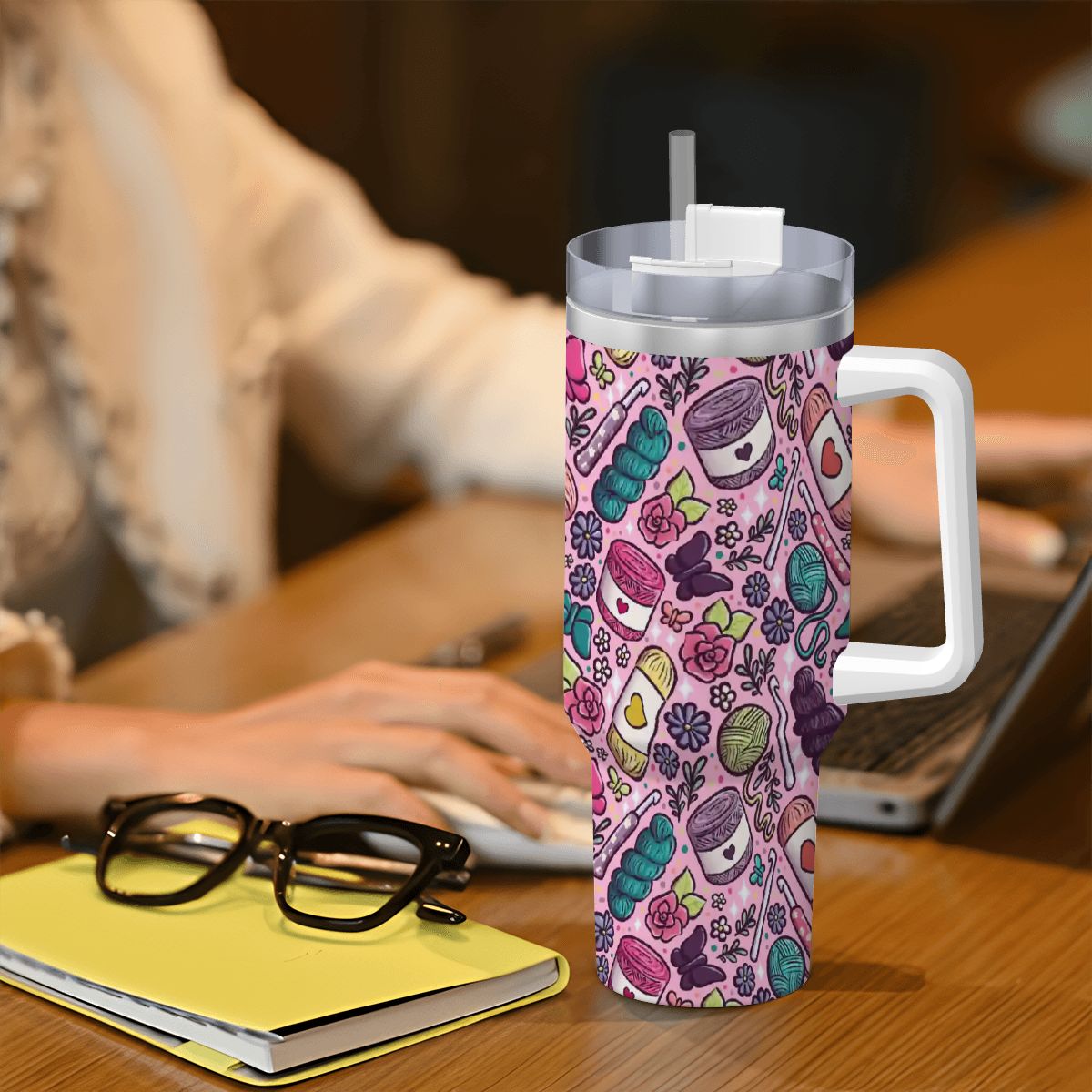 Crochet lover floral travel mug 40oz