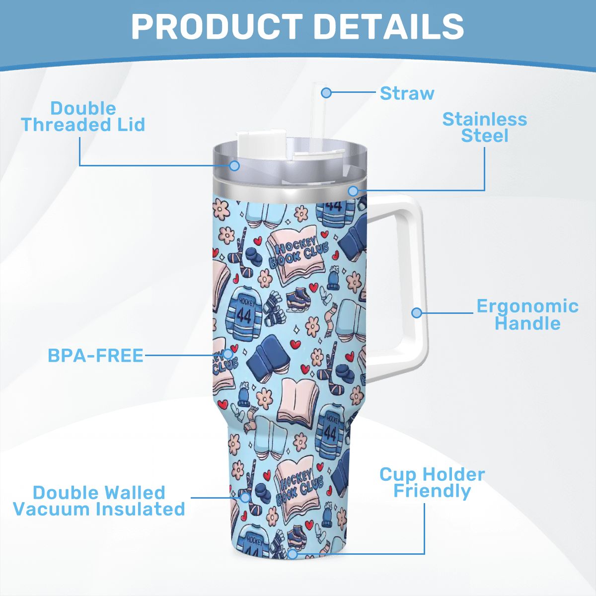 Catroon hockey romance bookish 40oz travel mug