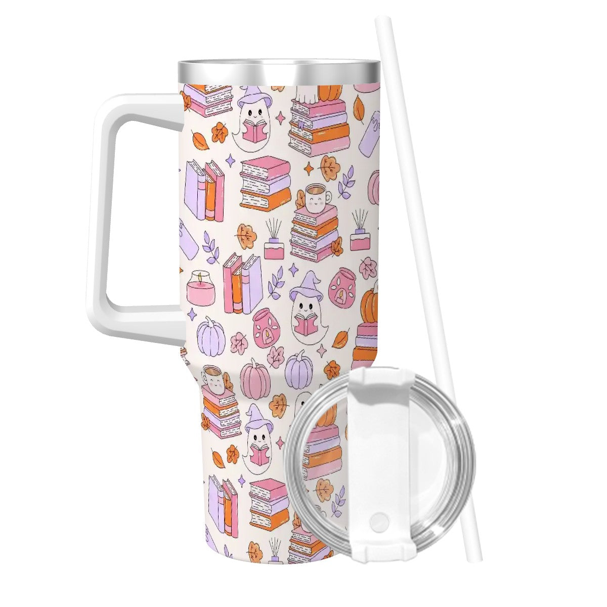 Books pumpkins and ghosts cute bookish travel mug 40oz