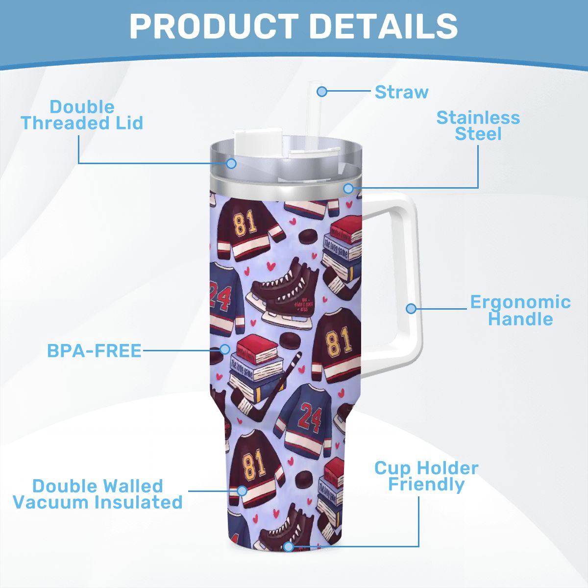 Heated hockey blue bookish 40oz travel mug