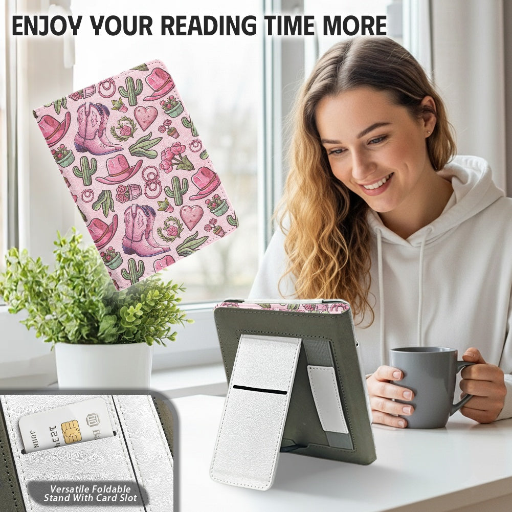 pink western PU cover for Kindle paperwhite 11th 12th gen vegan leather wallet style case