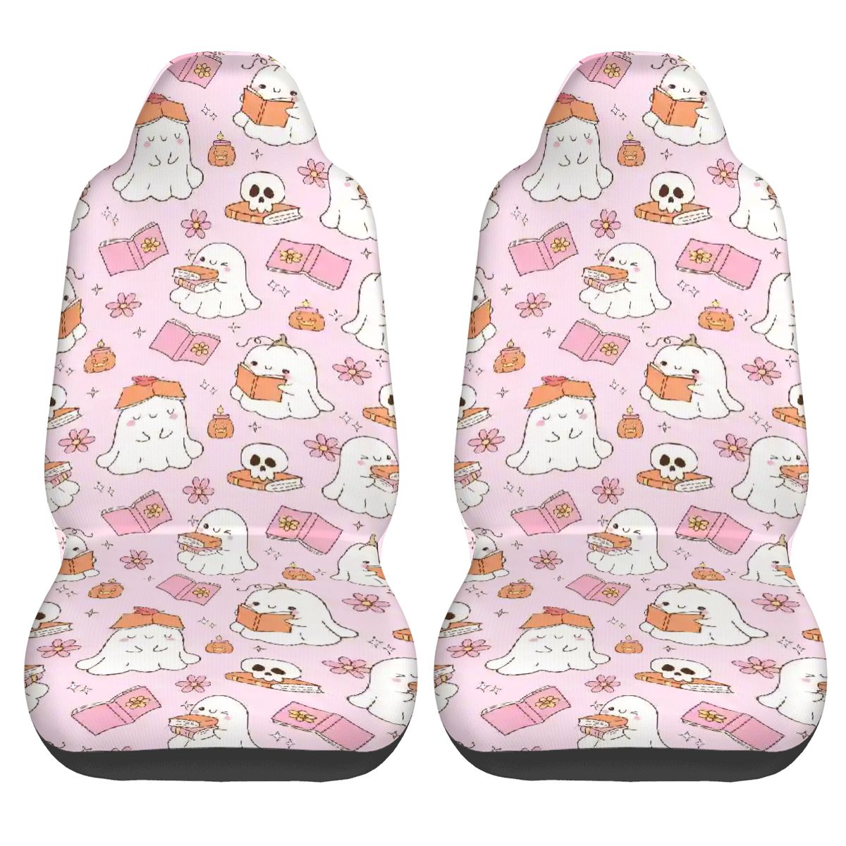 Cute pink bookish ghosts Car Front Seat Covers