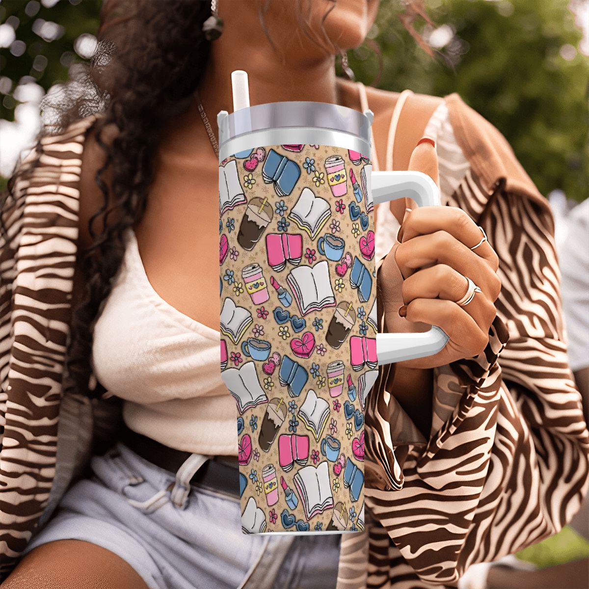 Beige books and coffee bookish 40oz travel mug