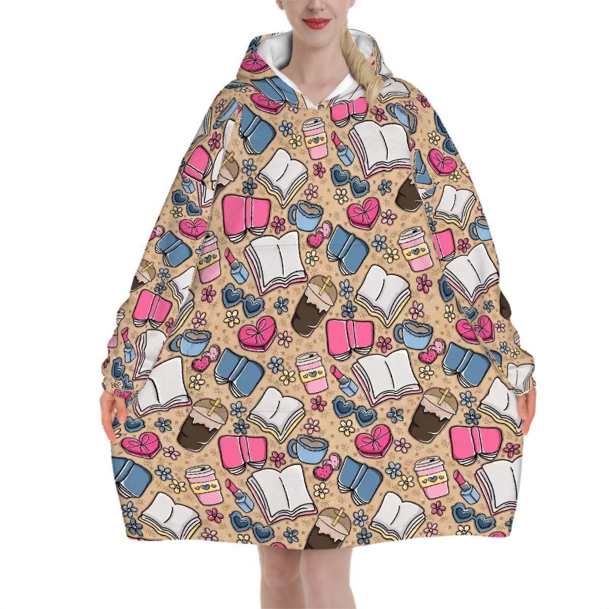 Beige books and coffee bookish hooded blanket