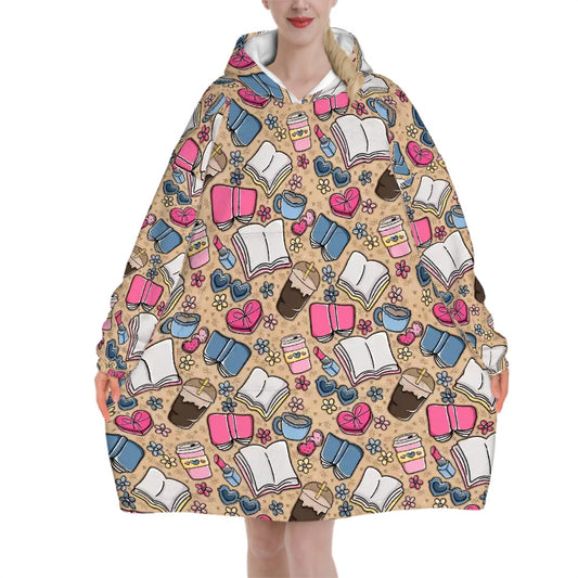 Beige books and coffee bookish hooded blanket