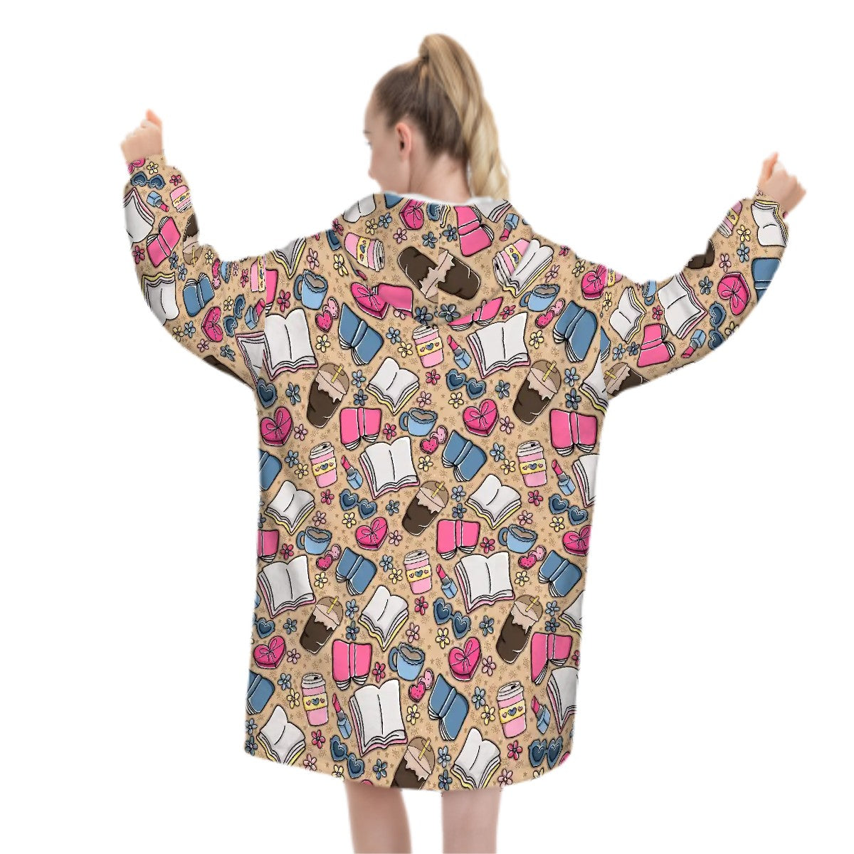 Beige books and coffee bookish hooded blanket