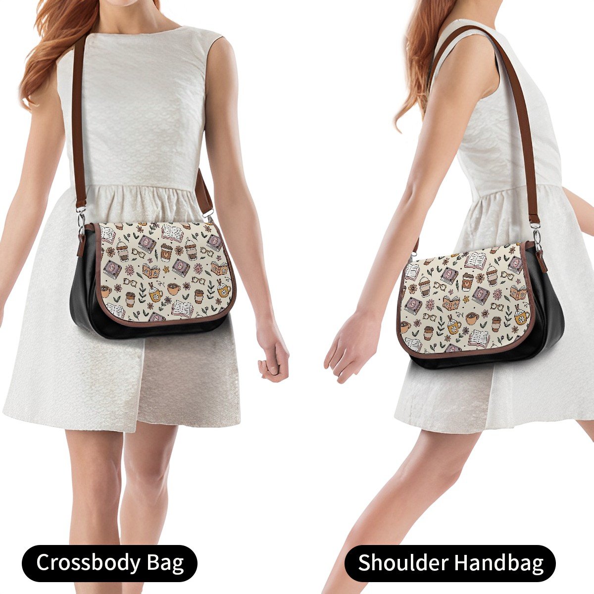 Book coffee and plants bookish vegan Leather Shoulder Bag handbag