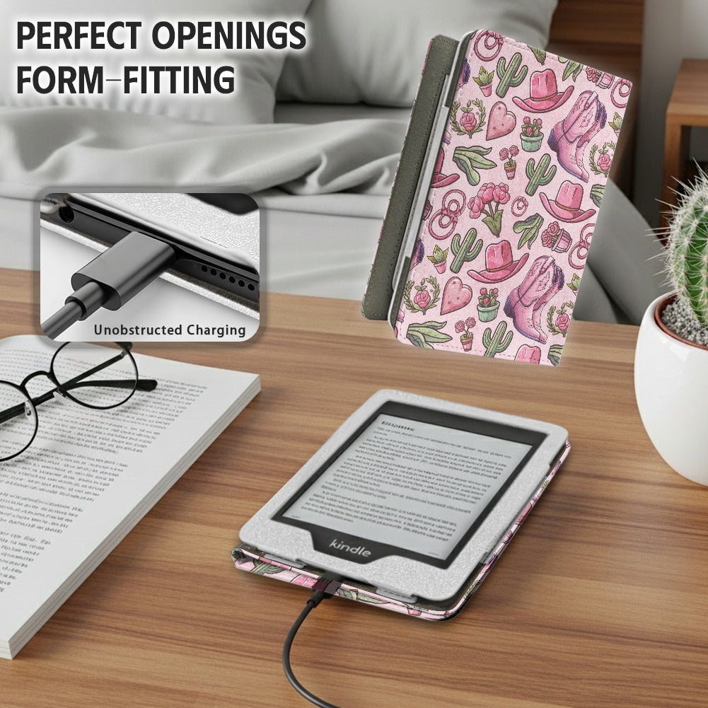 pink western PU cover for Kindle paperwhite 11th 12th gen vegan leather wallet style case