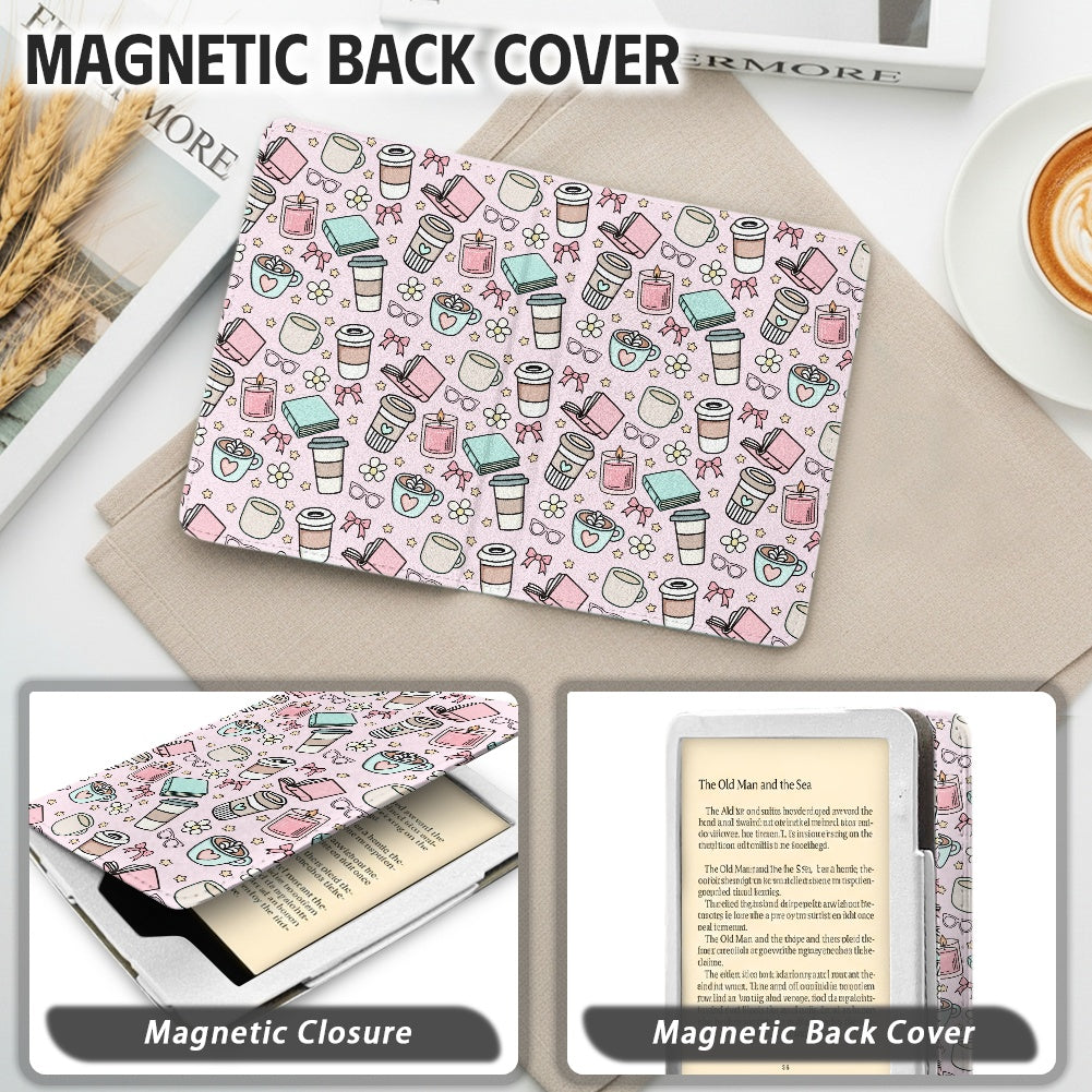 Pink books and coffee bookish PU cover for Kindle