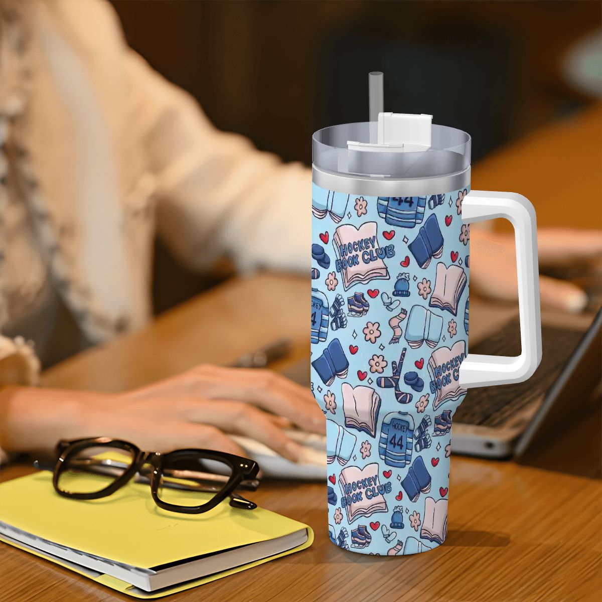 Catroon hockey romance bookish 40oz travel mug