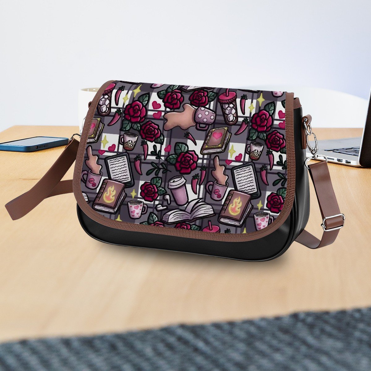 Coffee books and smut bookish vegan Leather Shoulder Bag handbag