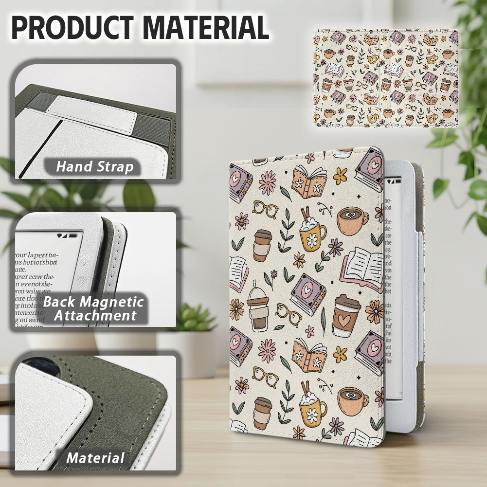 Books and coffee bookish vegan leather PU cover for Kindle paperwhite 11th and 12th generation
