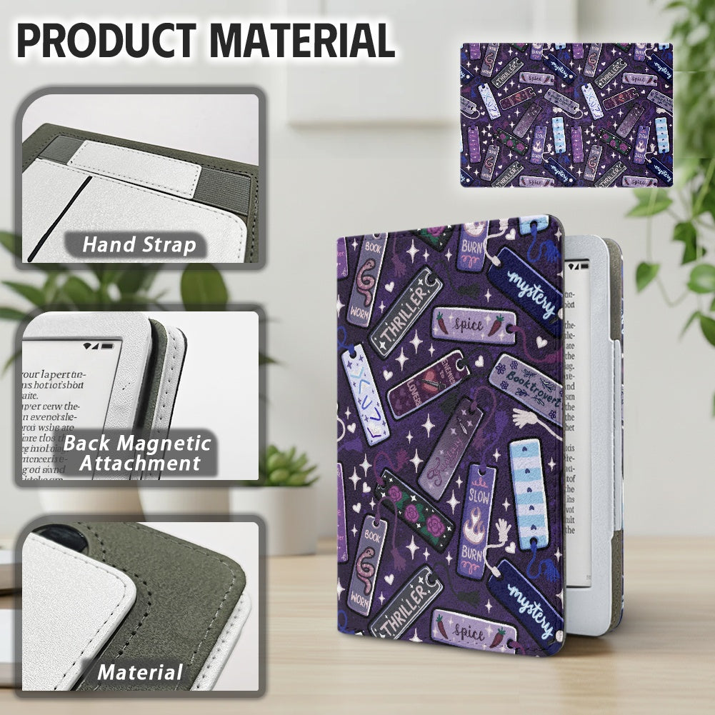 Bookmarks tropes and genres PU cover for Kindle paperwhite 11th 12th gen vegan leather wallet style case