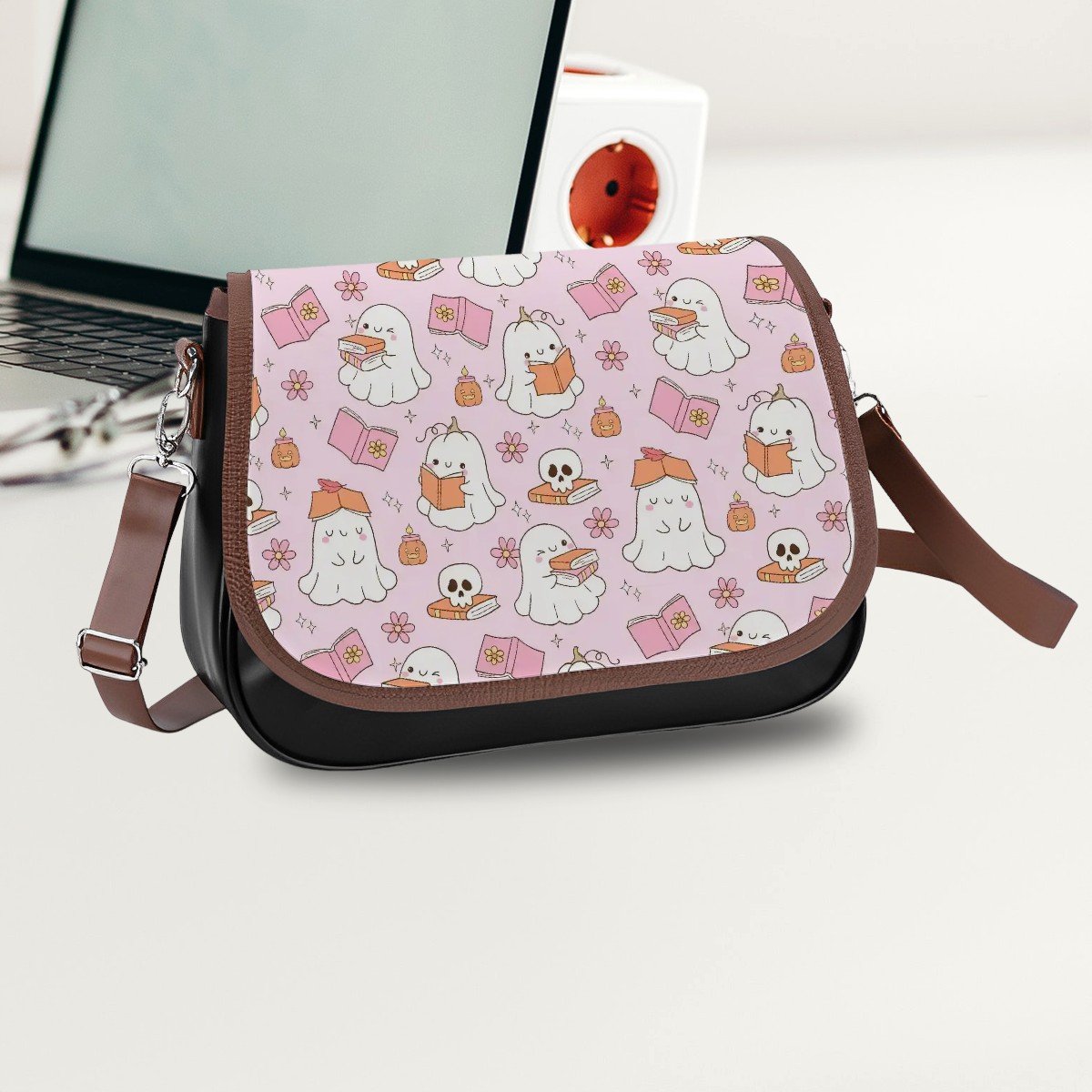 Cute pink reading ghosts vegan Leather Shoulder Bag bookish ghosts handbag