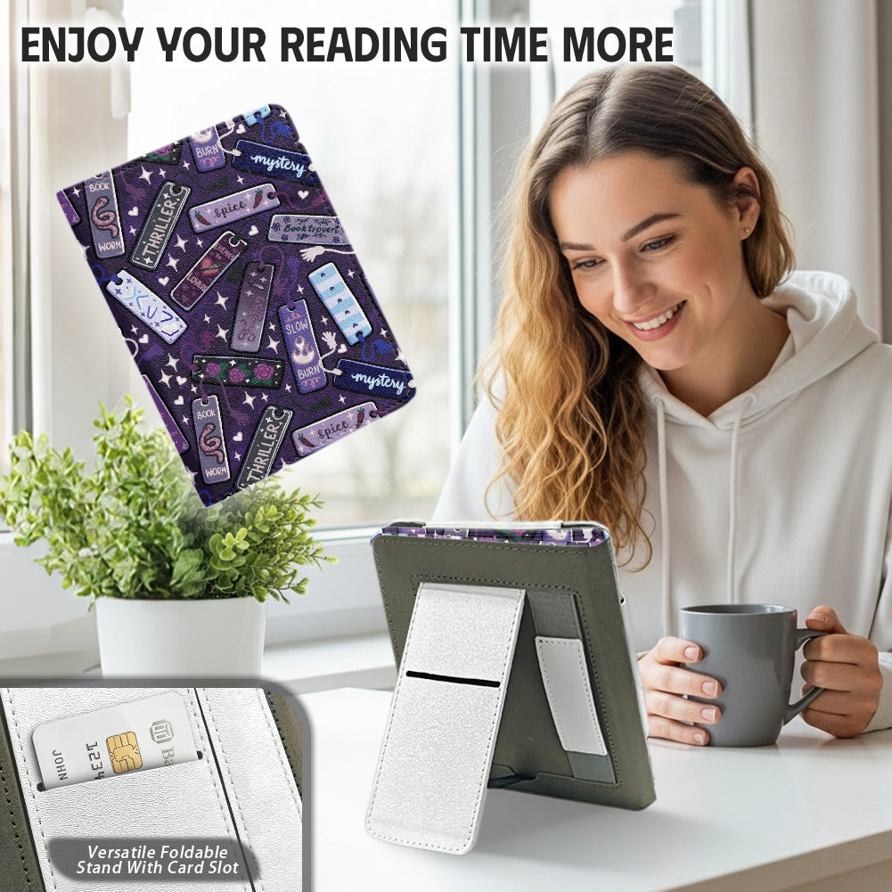 Bookmarks tropes and genres PU cover for Kindle paperwhite 11th 12th gen vegan leather wallet style case