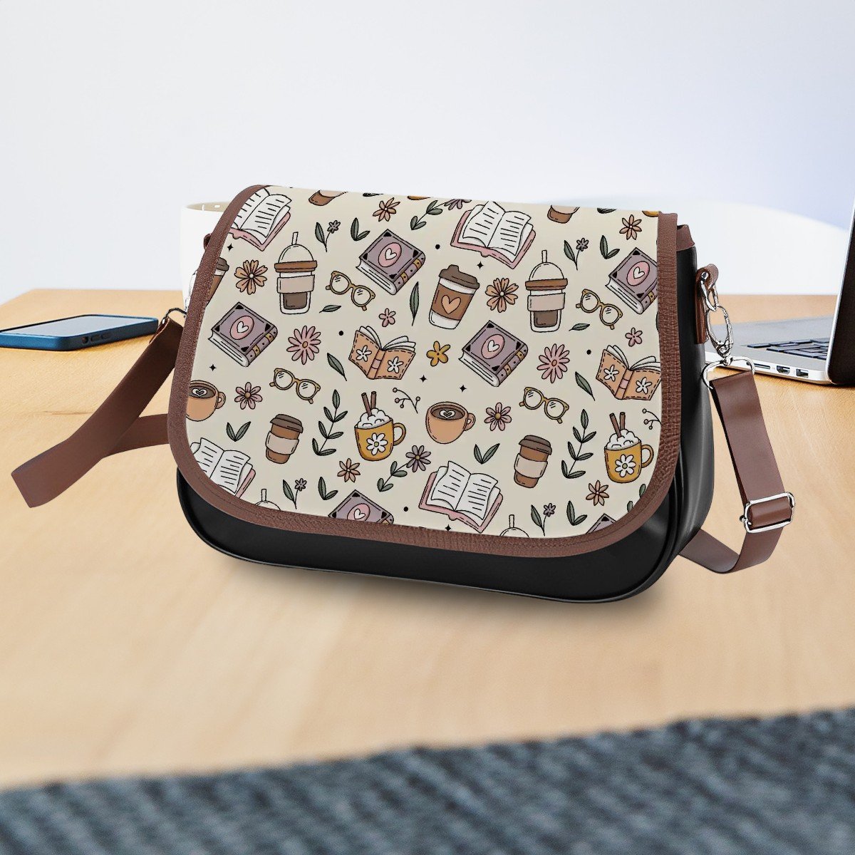 Book coffee and plants bookish vegan Leather Shoulder Bag handbag