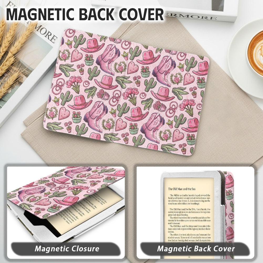 pink western PU cover for Kindle paperwhite 11th 12th gen vegan leather wallet style case