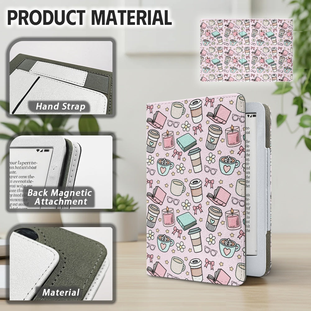 Pink books and coffee bookish PU cover for Kindle