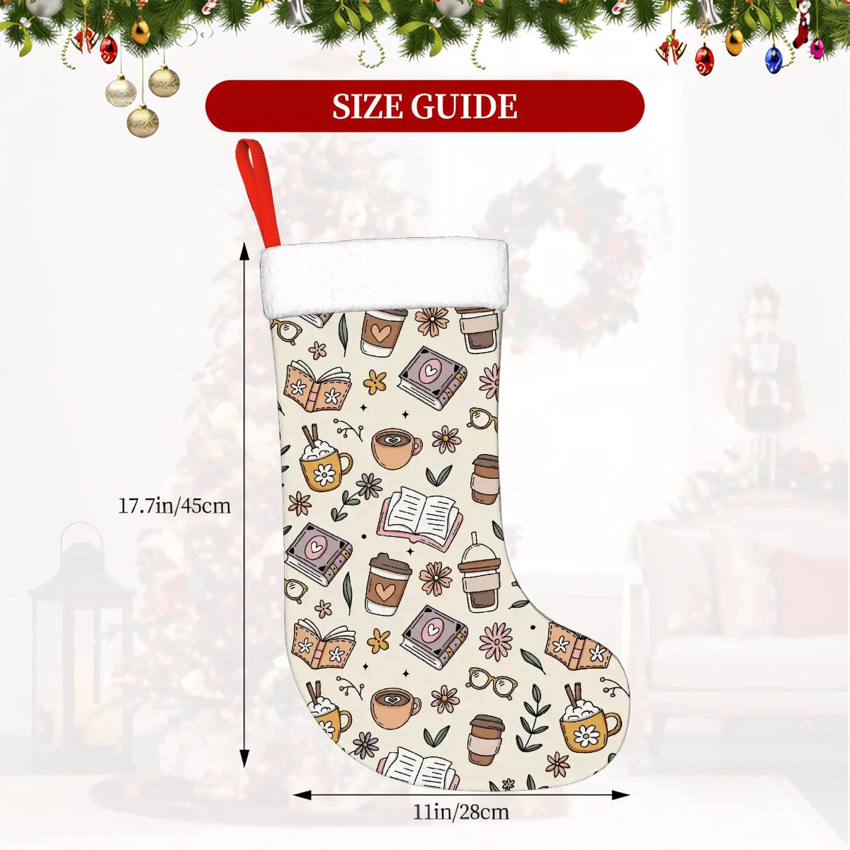 Books and coffee beige reader bookish Plush Christmas Stockings