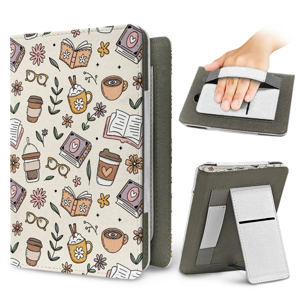 Books and coffee bookish vegan leather PU cover for Kindle paperwhite 11th and 12th generation