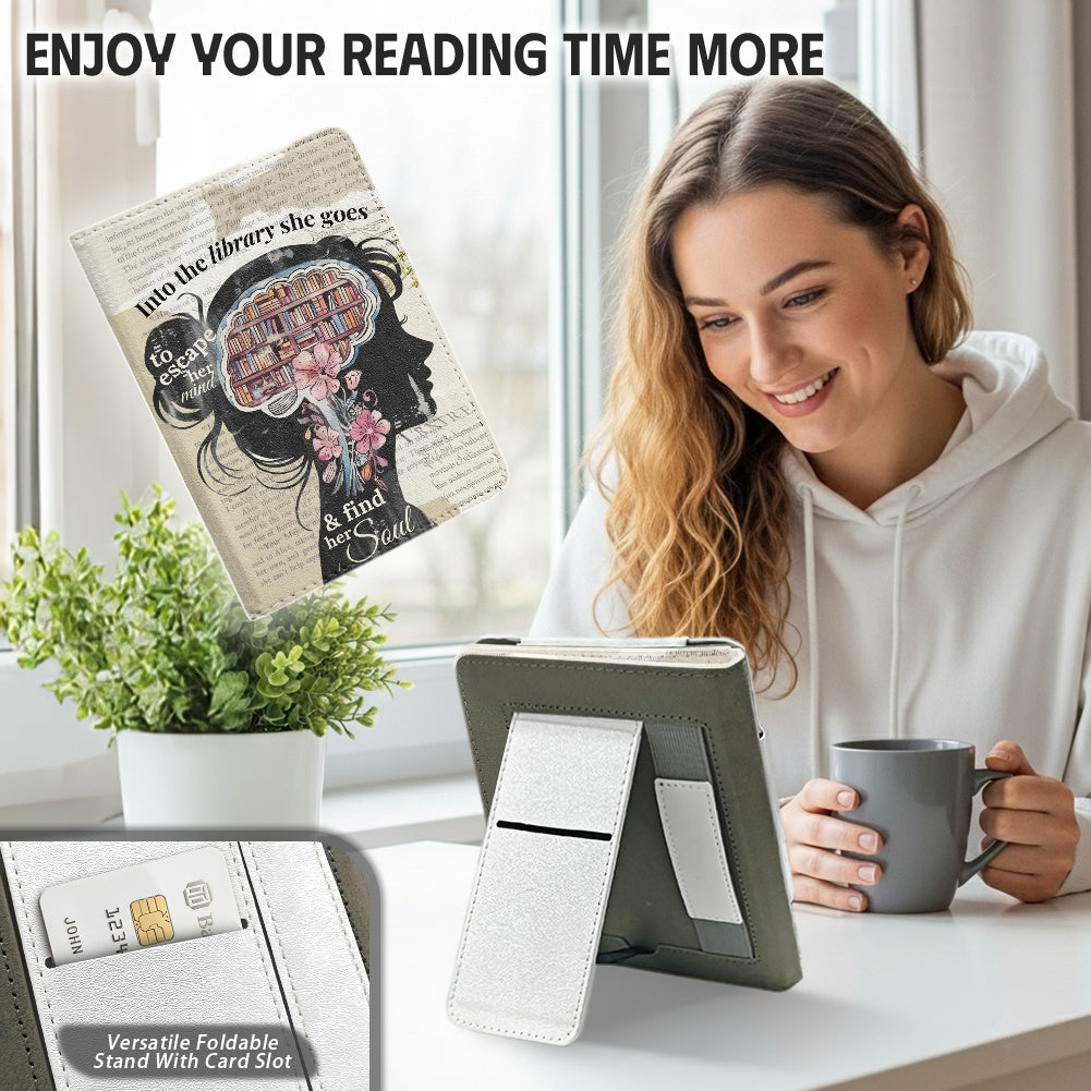Into the library she goes PU cover for Kindle paperwhite 11th 12th gen vegan leather wallet style case